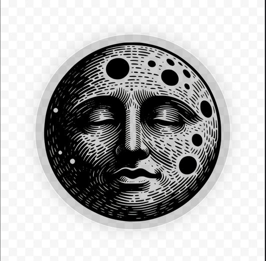 Close-up view of the Celestial Moon Face Vinyl Sticker showcasing vibrant colors and detailed textures. Ideal celestial moon sticker for both indoor and outdoor use.