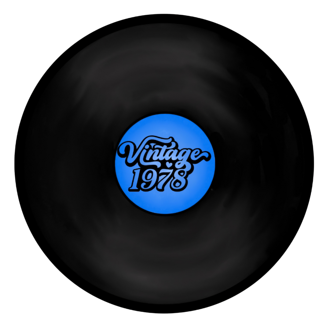 Vintage 1978 Vinyl Sticker showcasing a classic retro record design with a bold blue label, perfect for music enthusiasts seeking a waterproof and durable matte finish.
