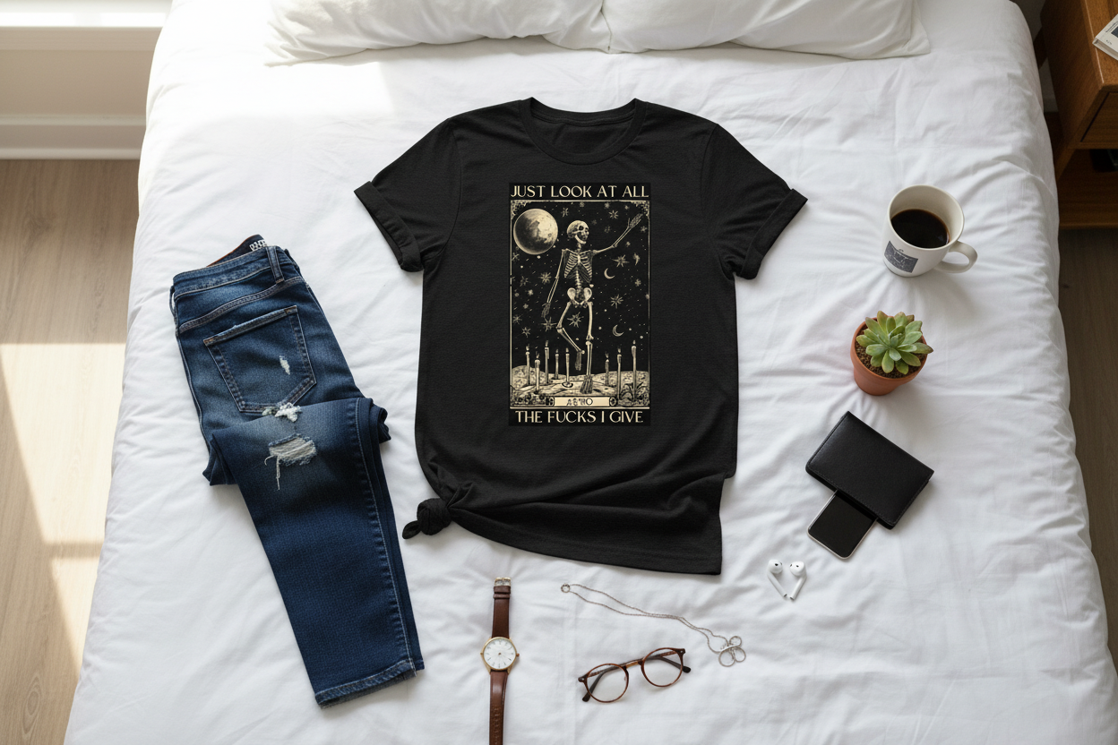 T-shirt flatlay on bed